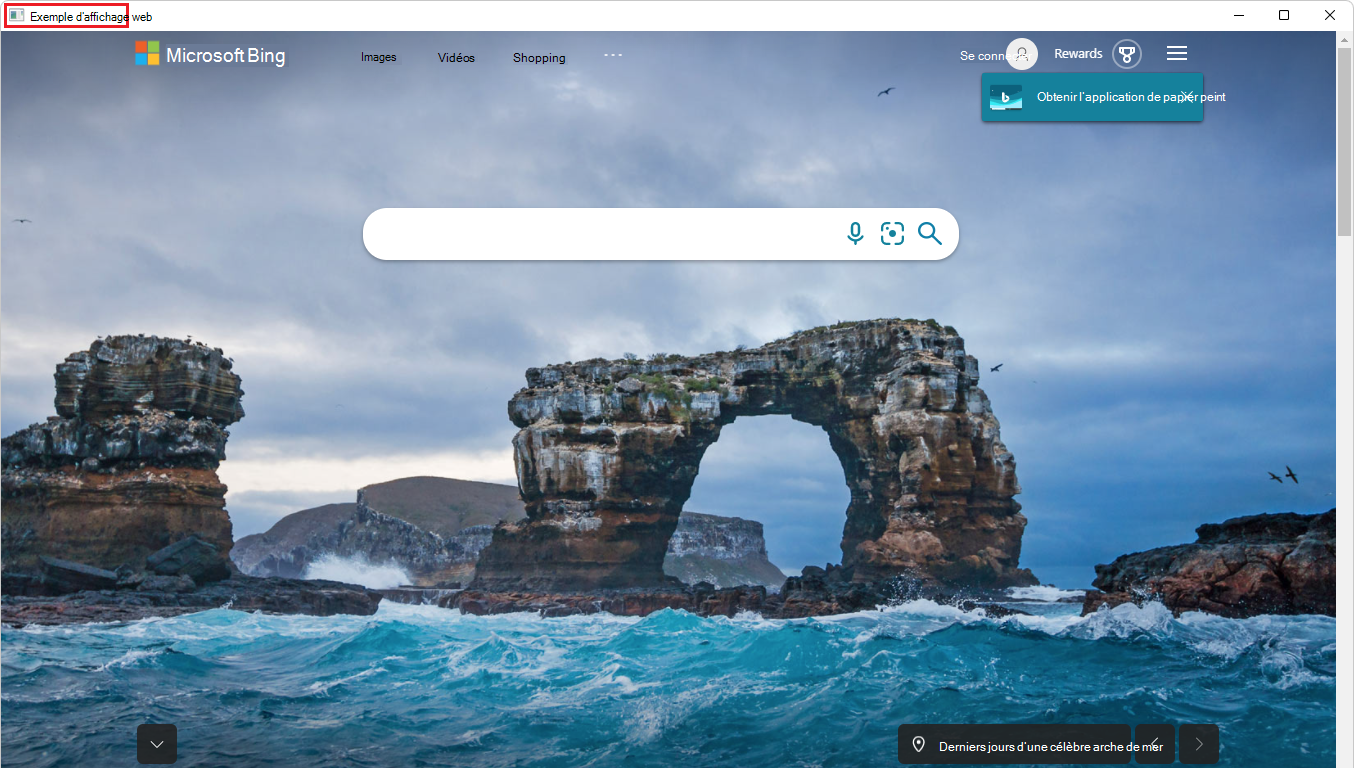 L’exemple d’application affiche désormais le site web Bing