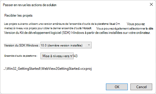 Boîte de dialogue « Passer en revue les actions de solution » de Visual Studio, invitant à recibler les projets