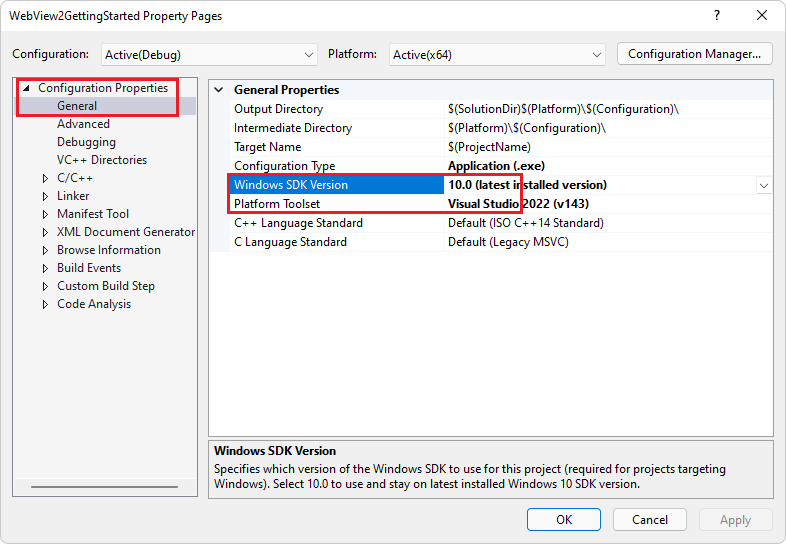 Dans Visual Studio 2022, la version du SDK Windows est déjà 10 et l’ensemble d’outils de plateforme est déjà Visual Studio