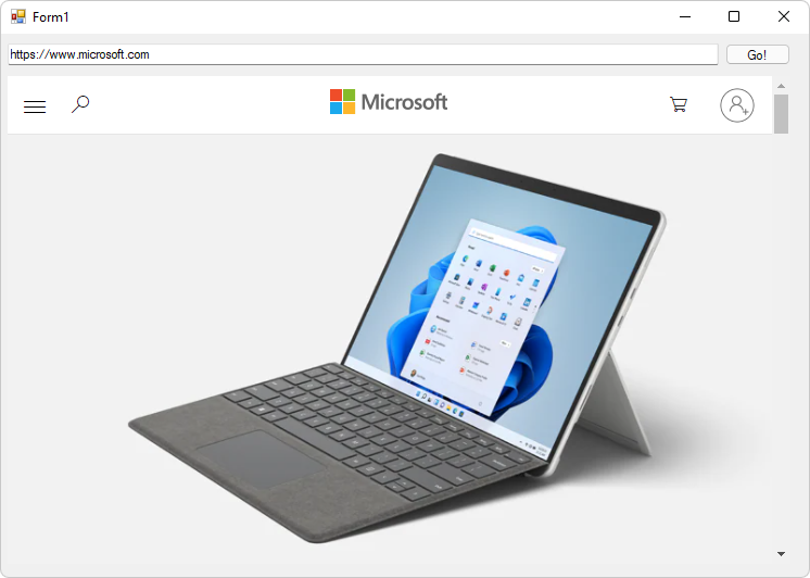 Fenêtre WinForm Form1 affichant le contenu de la page web de microsoft.com