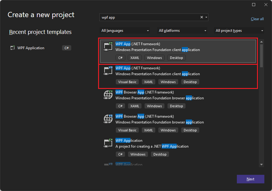 Sélection du modèle « Application WPF » dans la boîte de dialogue « Créer un projet » 2022