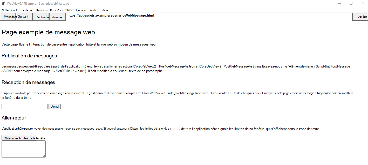 L’exemple de page Messagerie web, qui illustre l’interaction de base entre l’application hôte et l’instance WebView2 à l’aide de messages web