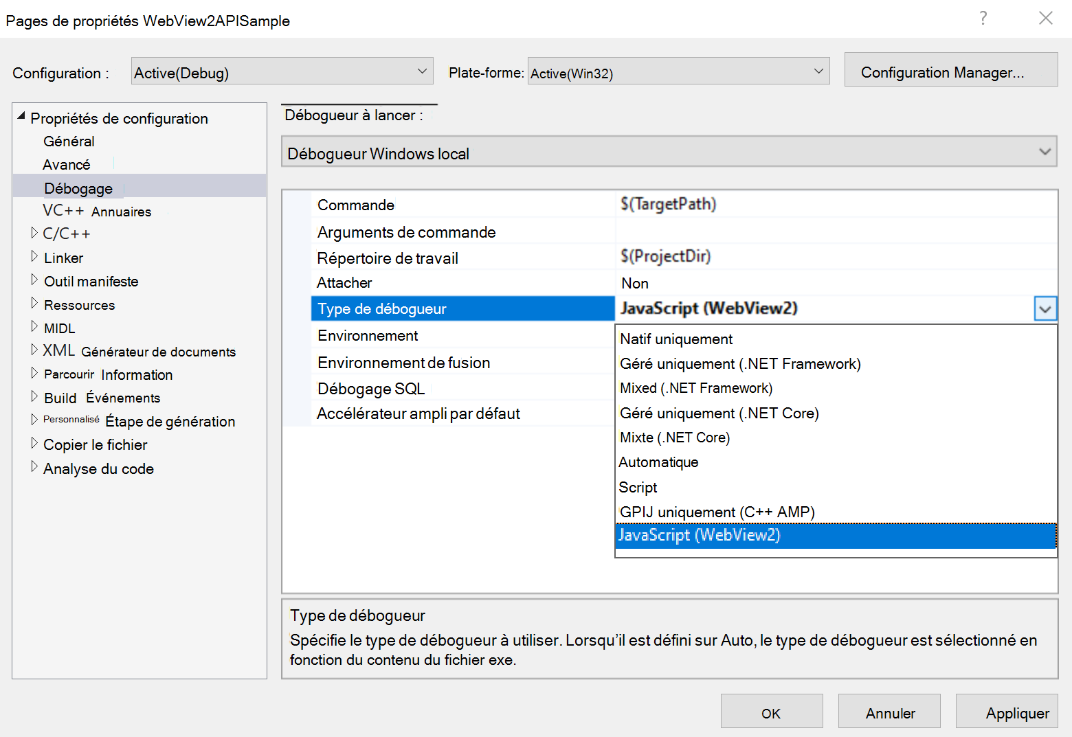 Propriété « Débogage » > « Débogueur Windows local » > « Type de débogueur » dans Visual Studio