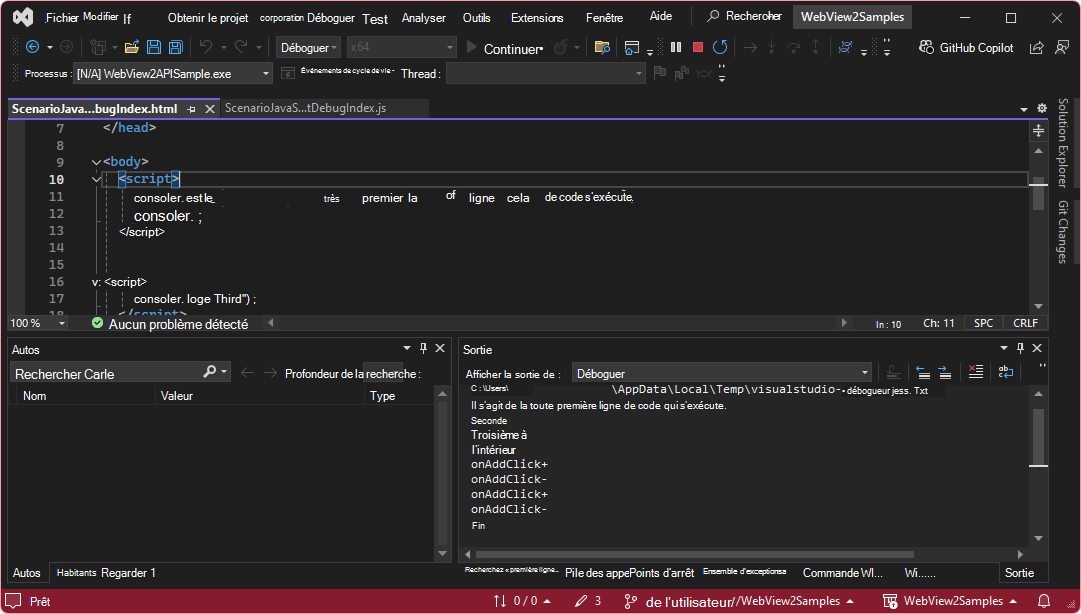 Onglet Sortie dans Visual Studio 2022 affichant la sortie du débogueur