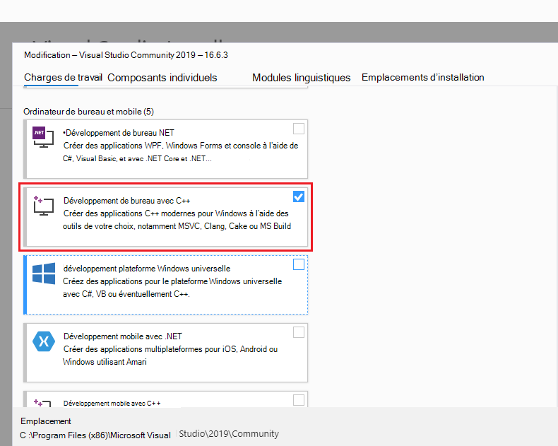 Écran Modification des charges de travail visual Studio