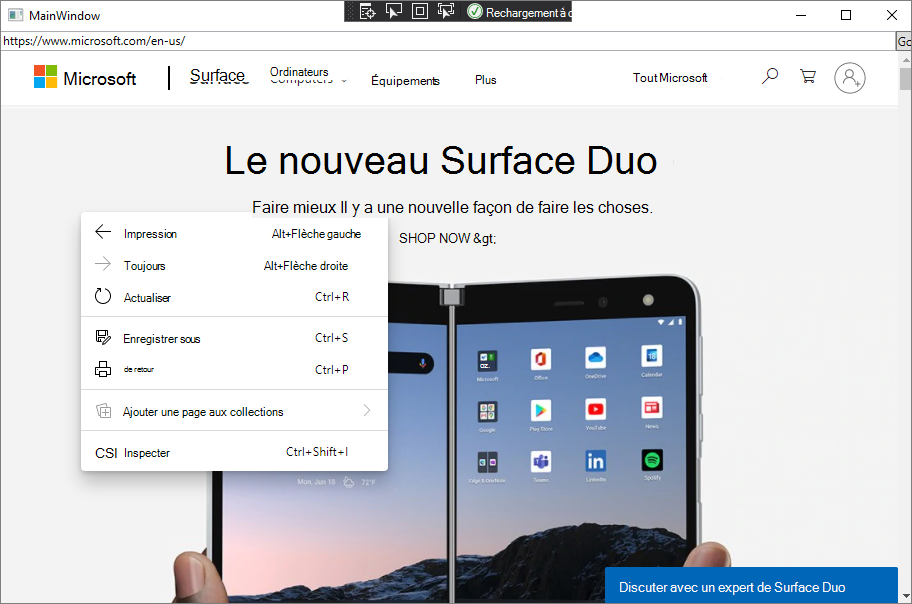 Menu contextuel affichant les commandes par défaut