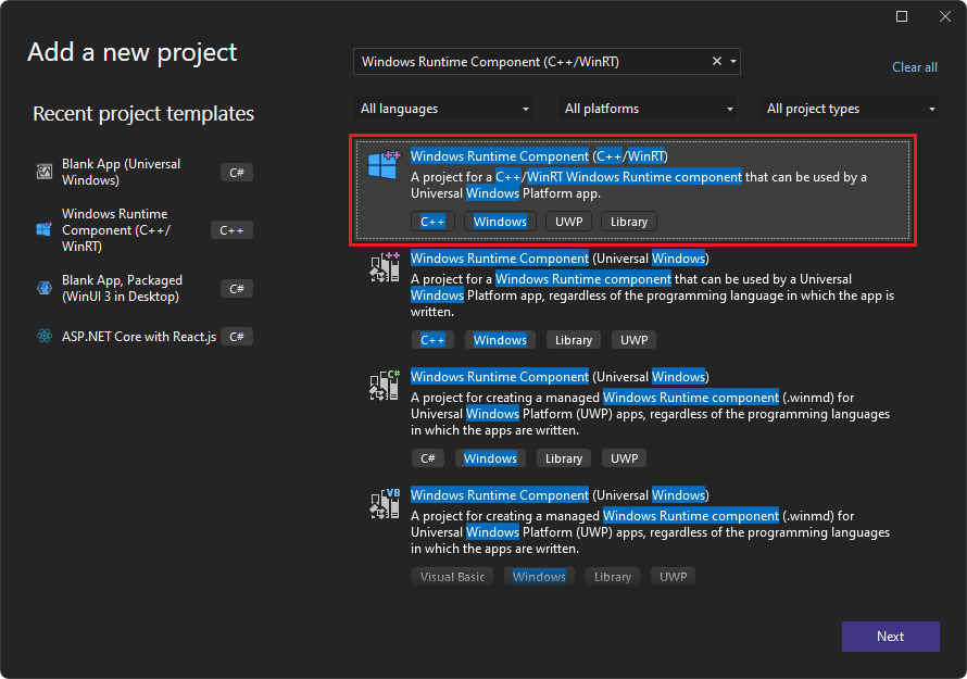 Sélection du carte composant Windows Runtime (C++/WinRT) dans la boîte de dialogue « Ajouter un nouveau projet »