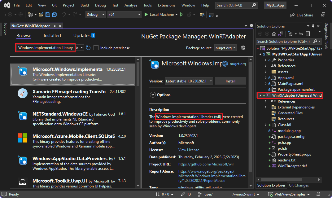 Gestionnaire de package NuGet, en sélectionnant le package « Bibliothèque d’implémentation Windows »