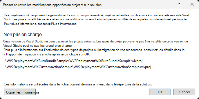 Boîte de dialogue « Passer en revue les modifications apportées au projet et à la solution »