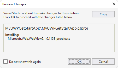 Boîte de dialogue Aperçu des modifications pour le package WebView2 NugGet