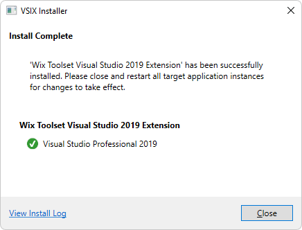 Programme d’installation VSIX - Installer terminé - Extension Visual Studio 2019 de l’ensemble d’outils WiX