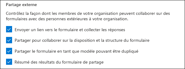 Le paramètre d’administration de Microsoft Forms pour le partage externe