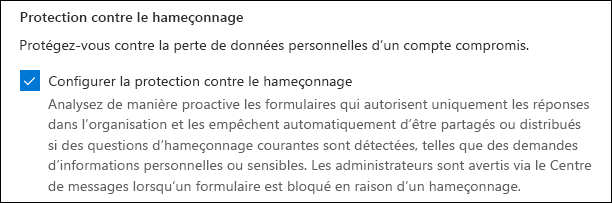 Le paramètre d’administration Microsoft Forms pour la protection contre l’hameçonnage