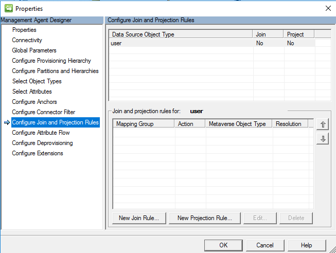 Capture d’écran montrant la page Configurer les règles de jointure et de projection avec un bouton O K.