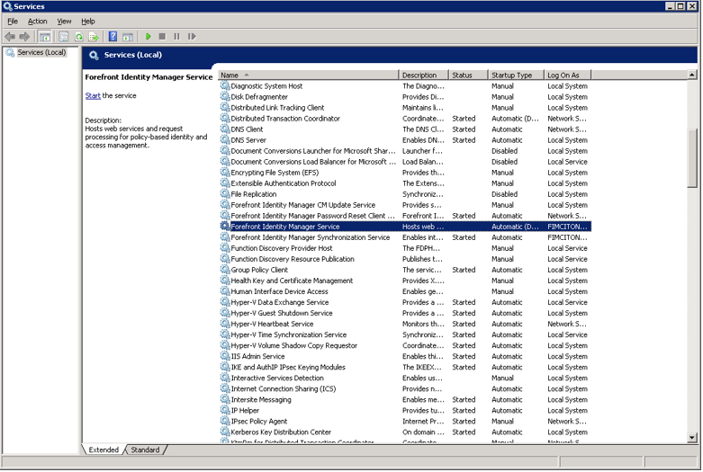 Capture d’écran de la console des services montrant Forefront Identity Manager Service.