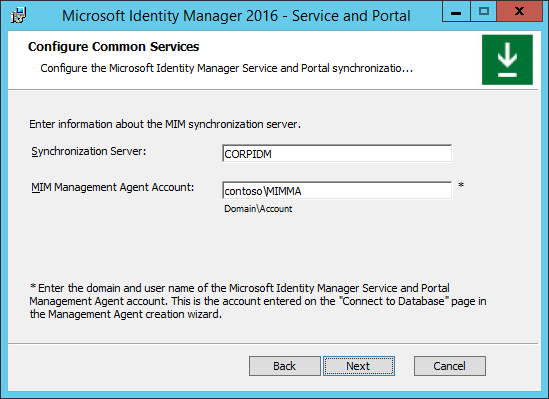 Image de la configuration du service MIM et de la synchronisation du portail