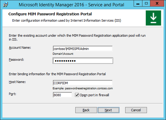 Image de la configuration du portail d’enregistrement du mot de passe MIM