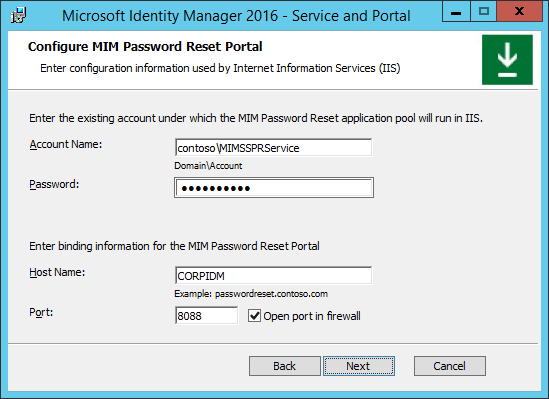 Image de configuration du portail de réinitialisation du mot de passe MIM