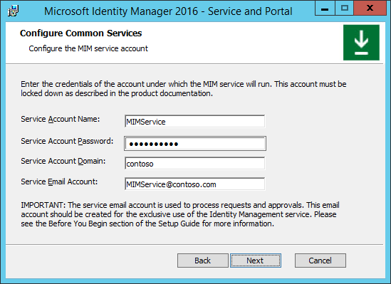 Image de la configuration du compte de service