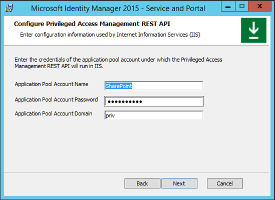 Informations d’identification du compte du pool d’applications - capture d’écran