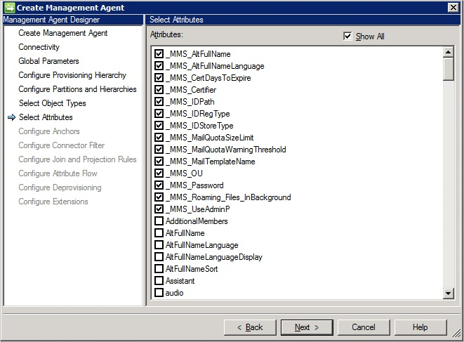 capture d’écran de la page Attributs du connecteur MIM Sync Notes