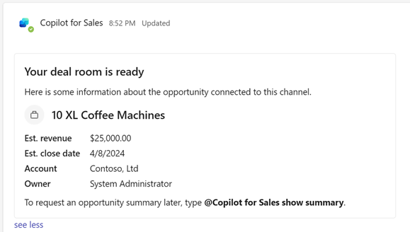 Capture d’écran d’un résumé d’opportunité dans le canal de salle des transactions lorsque les fonctionnalités d’IA Copilot sont désactivées.