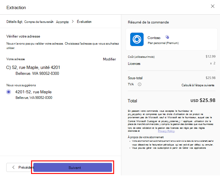 Capture d’écran montrant la boîte de dialogue de vérification de l’adresse de facturation lorsque les administrateurs achètent une application.