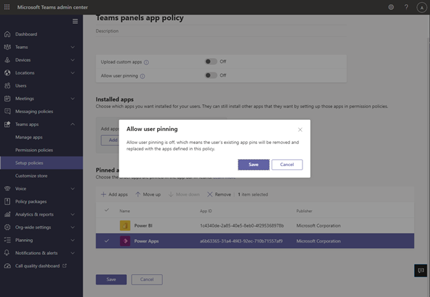 Capture d’écran de la section stratégie de configuration dans l’interface utilisateur avec une fenêtre contextuelle confirmant que l’épinglage de l’utilisateur est actif.