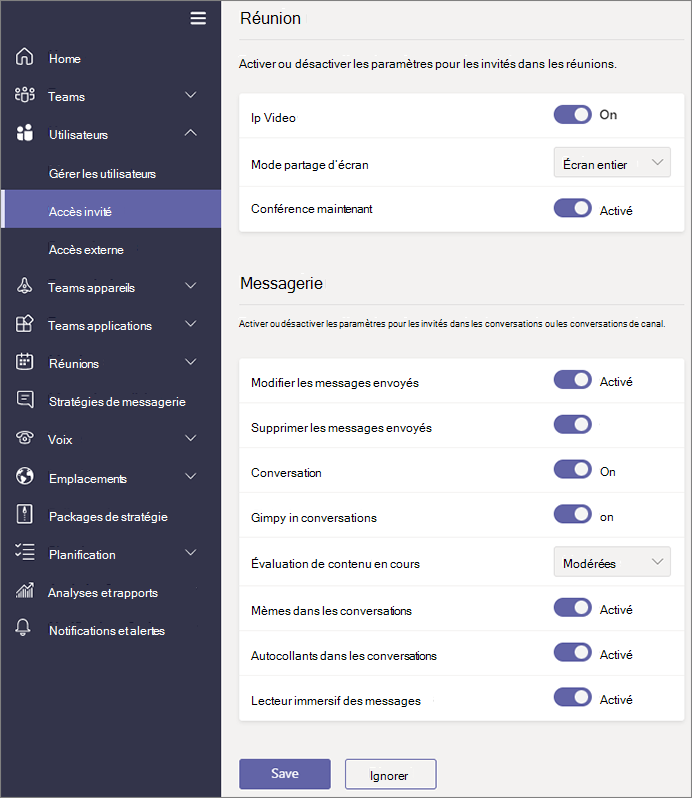 Paramètres des autorisations d’invité dans Teams.