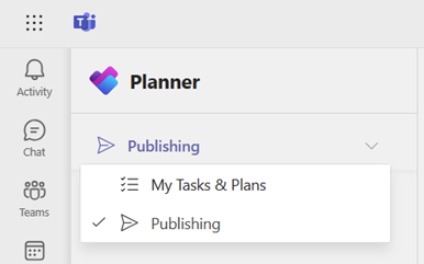 Capture d’écran du menu déroulant Mes tâches & plans, montrant l’option Publication.