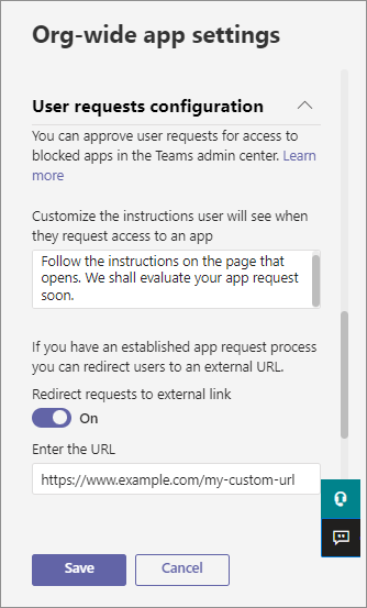 Capture d’écran montrant la personnalisation de l’URL pour les demandes de l’utilisateur dans l’interface utilisateur des paramètres de l’application à l’échelle de l’organisation.