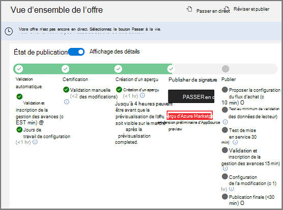 Capture d’écran montrant l’écran Vue d’ensemble de l’offre avec l’option d’aperçu AppSource mise en évidence.