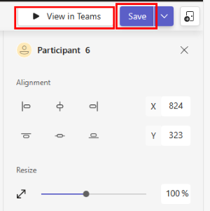 Capture d’écran montrant les options permettant d’enregistrer la scène et de l’afficher dans teams.