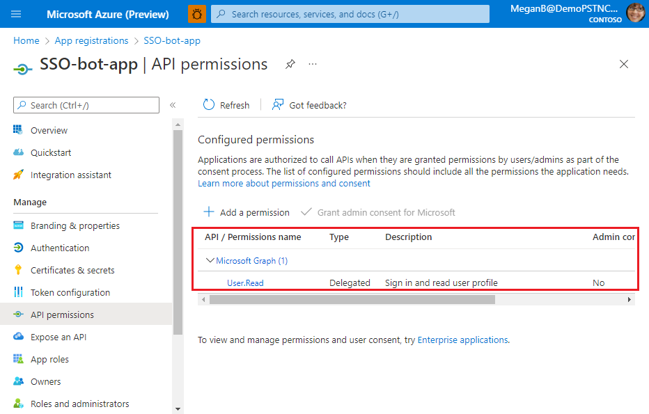 Capture d’écran montrant les autorisations d’API configurées.