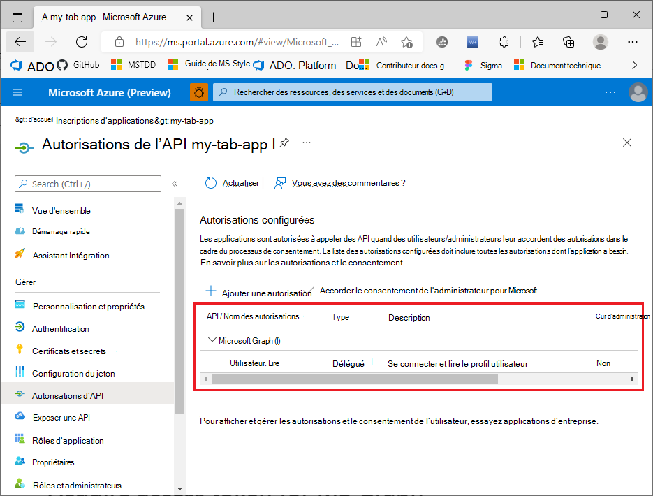 La capture d’écran montre un exemple des autorisations d’API, qui sont configurées.