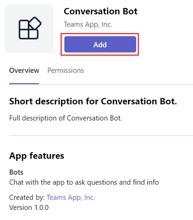 Capture d’écran du bot de conversation avec l’option Ajouter mise en évidence.