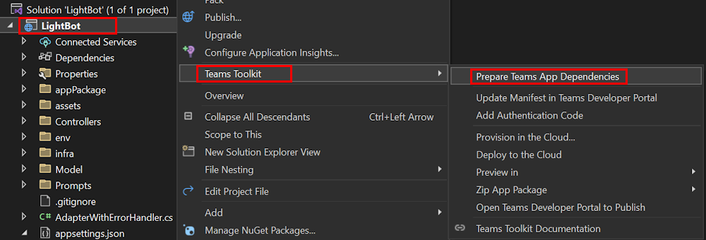 Capture d’écran montrant un exemple de l’option Dépendances de l’application Teams préparée sous la section Kit de ressources Teams dans Visual Studio.