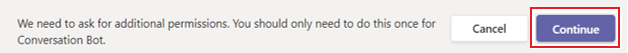 Capture d’écran d’autorisations supplémentaires avec l’option Continuer mise en évidence en rouge.