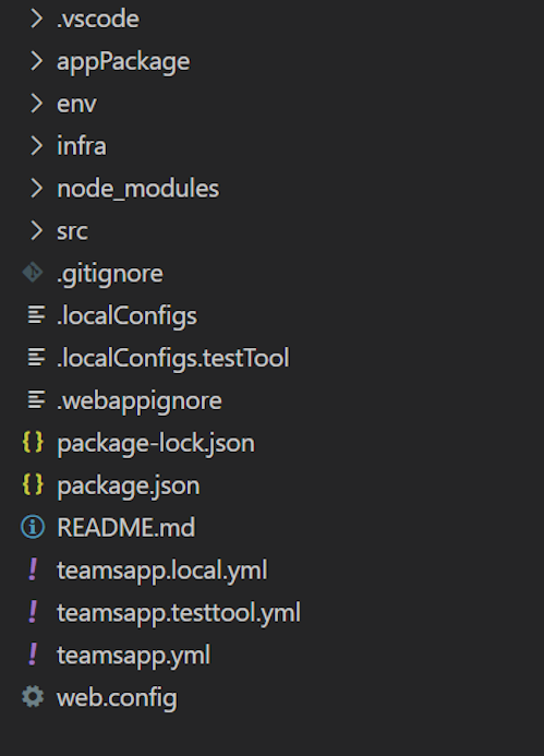 Capture d’écran montrant l’exemple de dossier de bot Teams Toolkit Structure.