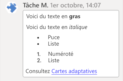 Capture d’écran montrant un exemple de mise en forme Markdown de carte adaptative dans la plateforme iOS Teams.