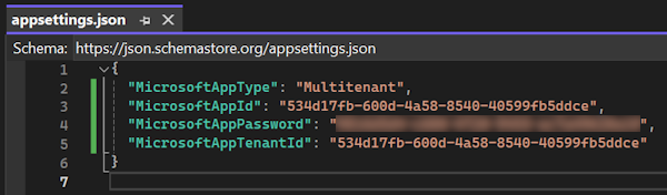 Capture d’écran montrant le json Appsettings.