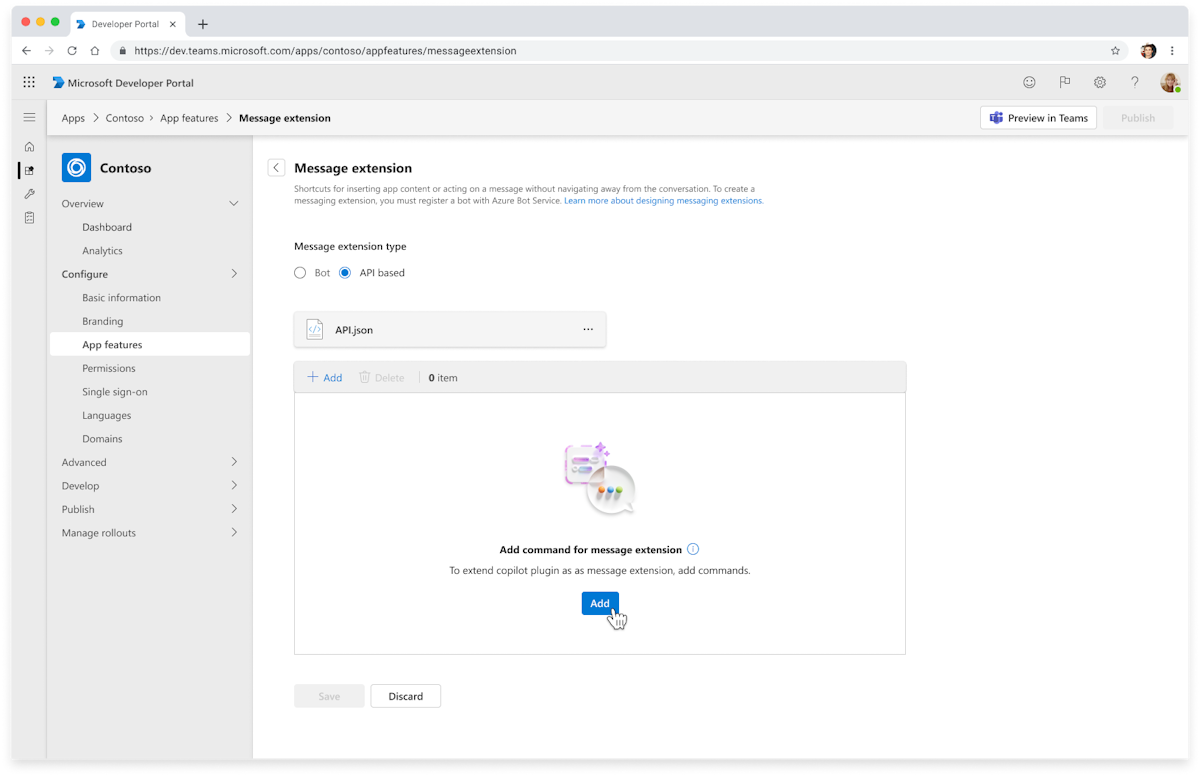 Capture d’écran montrant l’option Ajouter des commandes dans le portail des développeurs Teams.