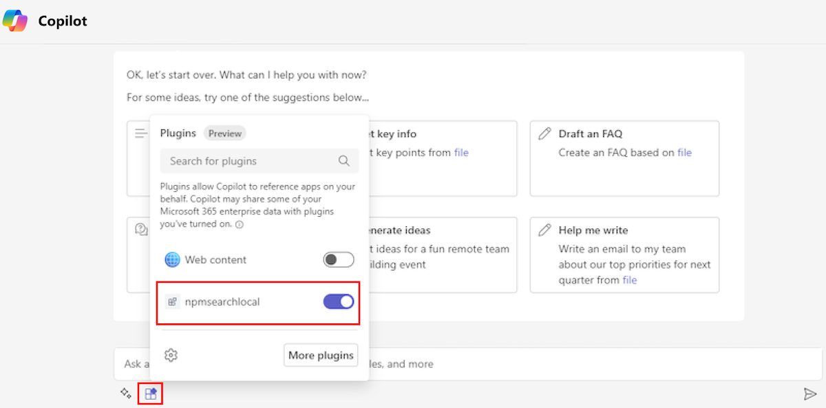 Capture d'écran illustrant l'option Plug-ins, la liste des plug-ins et le bouton bascule activé pour le plug-in bot-based-ME-test-local.