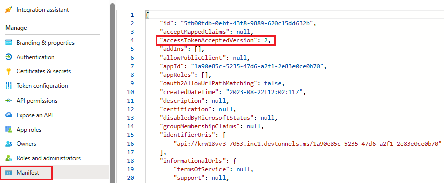 Capture d’écran montrant l’option de manifeste et les détails accesstoken dans le portail Azure.