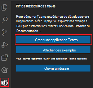 Emplacement du lien Création d’un projet dans la barre latérale du Kit de ressources Teams.