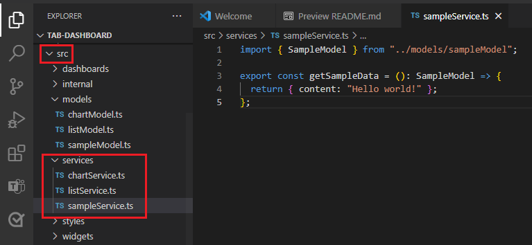 Capture d’écran montrant la création d’sampleService.ts fichier sous le dossier de service dans Visual Studio Code.