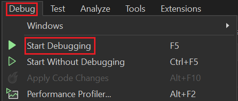 Capture d’écran montrant la sélection de l’action démarrer le débogage.