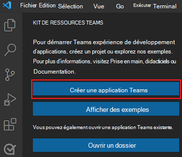 Emplacement du lien Création d’un projet dans la barre latérale du Kit de ressources Teams.