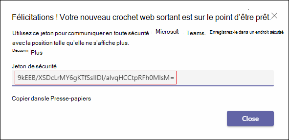 Capture d’écran du webhook sortant prêt avec le jeton de sécurité mis en évidence en rouge.