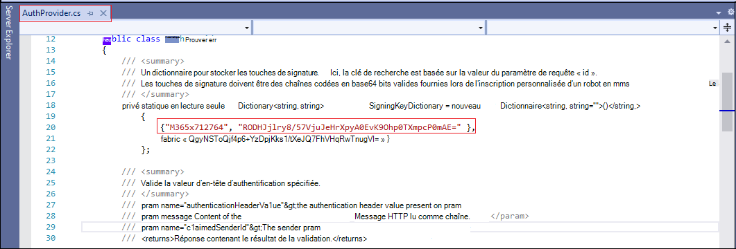 Capture d’écran montrant comment mettre à jour Contoso vers M365x712764 et HMAC dans AuthProvider.cs fichier mis en évidence en rouge.